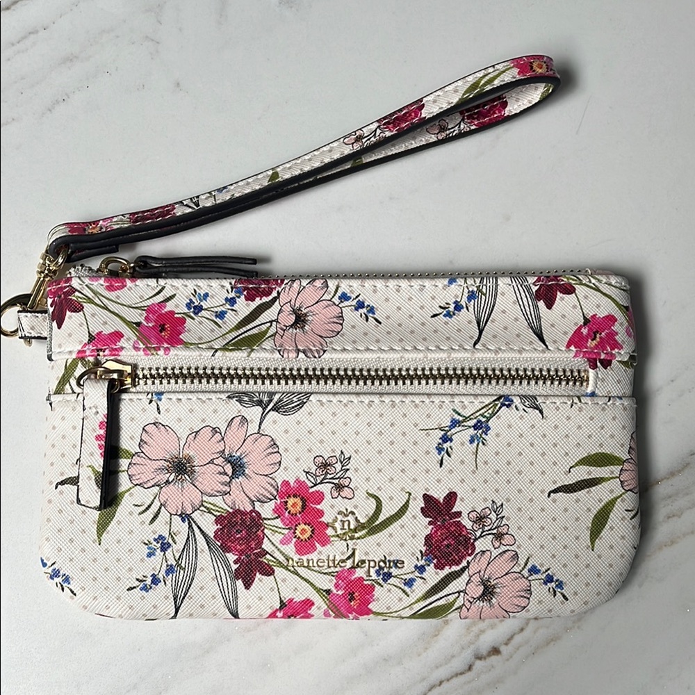 Nanette Lepore White and Pink Floral Wristlet Clutch NWOT